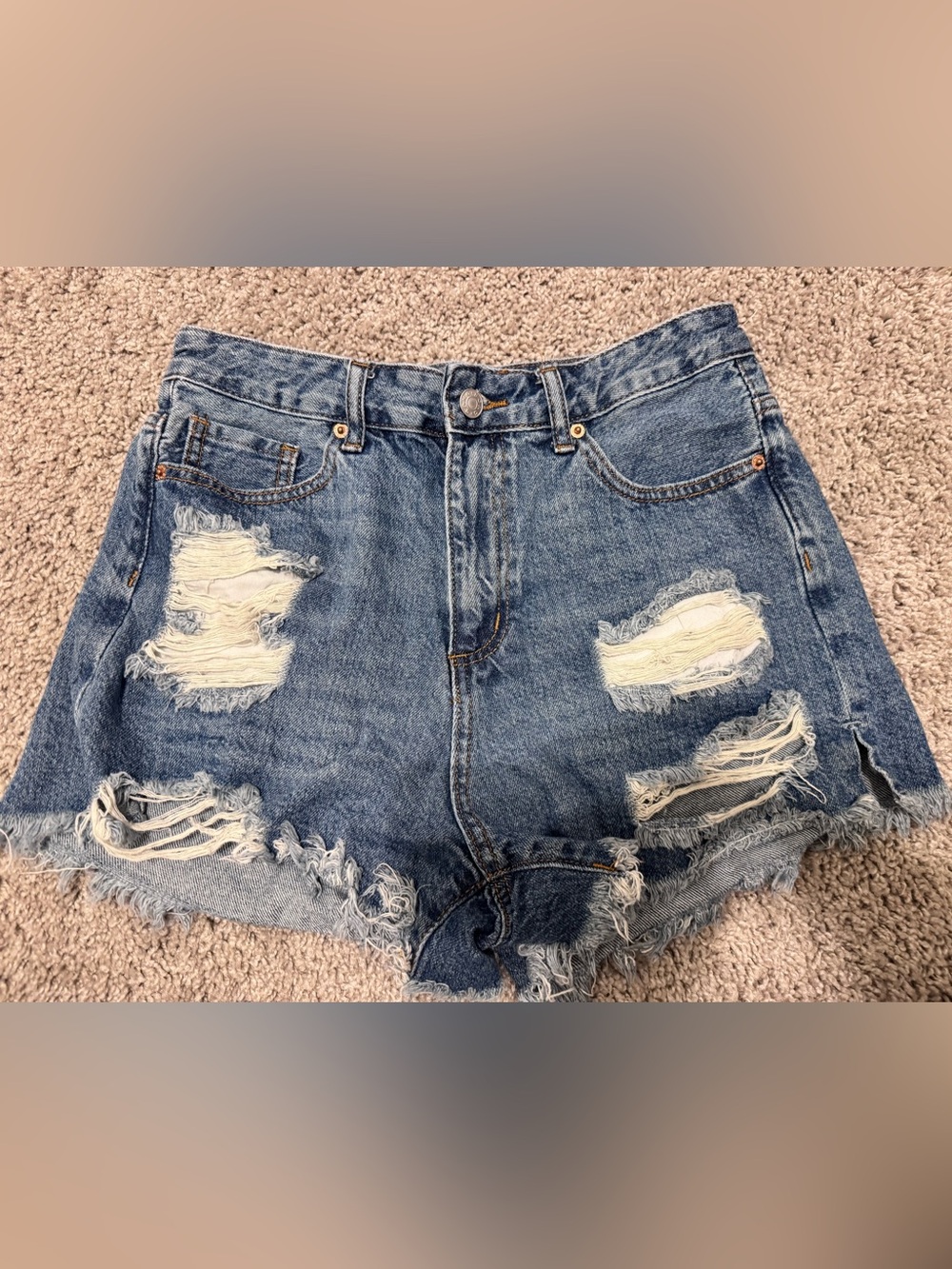 High-Rise Distressed Denim Shorts - Blue